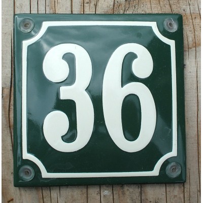 FRENCH  ENAMEL HOUSE NUMBER SIGN. CREAM No.36 ON A GREEN BACKGROUND 10x10cm.   131540166963